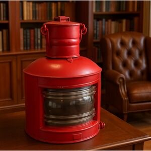 Vintage Red Marine Ship Lantern Large 17" Nautical Oil Lamp Fresnel Glass Decor